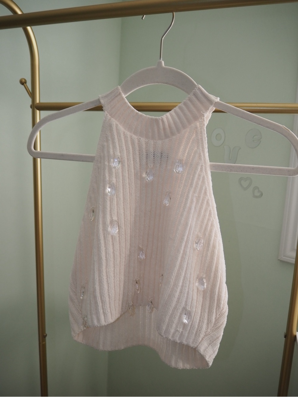 Zara Cream Ivory Chunky Ribbed Knit Crystal Gem Embellished Halter Top size s